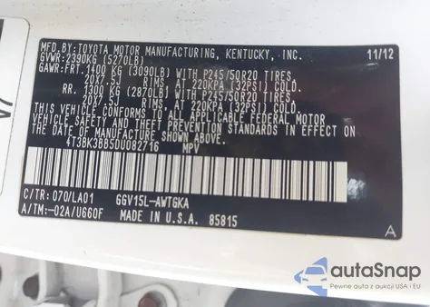 2013 Toyota Venza Le/Xle/Limited из США, поврежденный, VIN 4T3BK3BB5DU082716